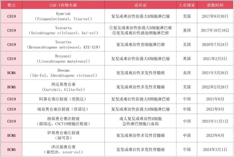 上市的11种CAR-T细胞疗法