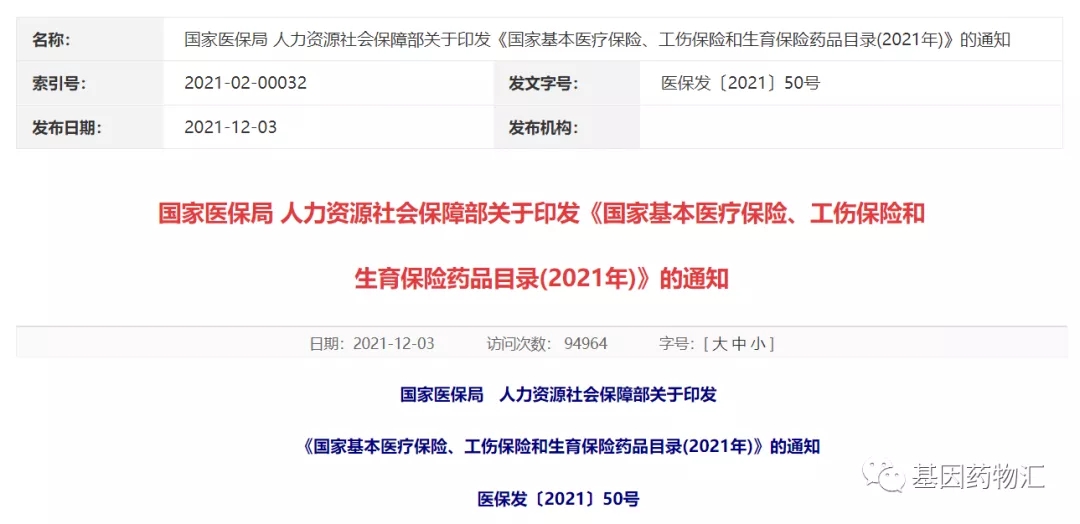 《国家基本医疗保险、工伤保险和生育保险药品目录(2021年)》的通知