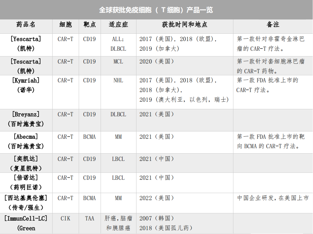 各国获批免疫细胞(T细胞)一览