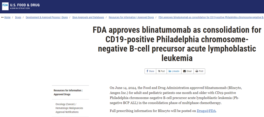 2024年6月14日FDA批准双特异性抗体注射用贝林妥欧单抗(Blinatumo