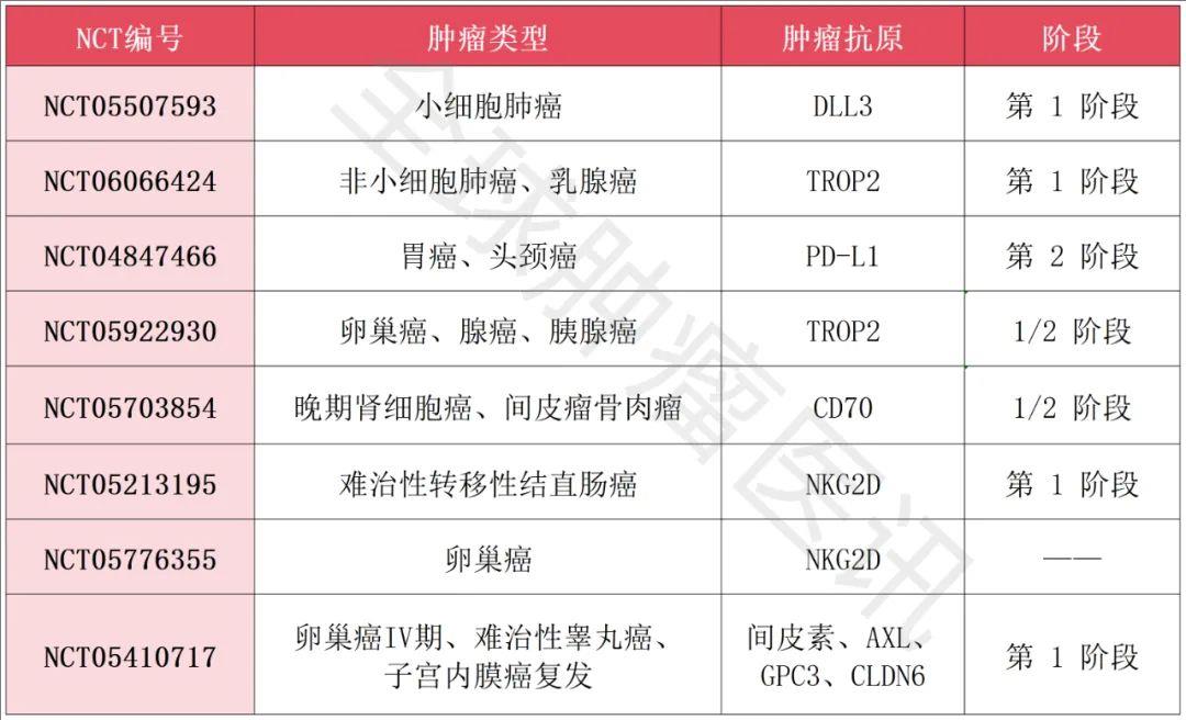 CAR-NK治疗实体瘤在研项目统计